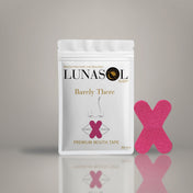 A Lunasol Sleep Barely There Mouth Tape bag in Sunset Pink displayed with one piece next to it, designed to encourage nasal breathing for improved sleep quality and overall health.
