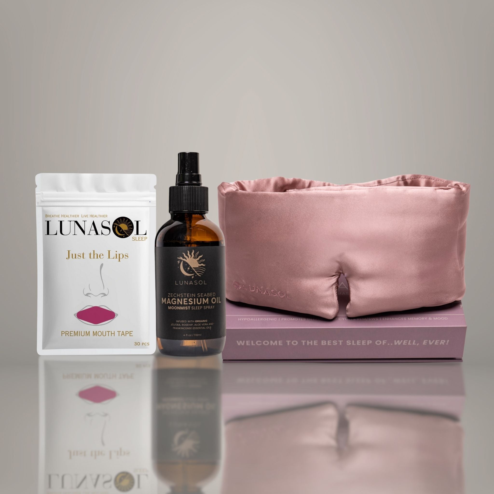 Lunasol Sleep Ladies’ Luxe Rest Kit featuring a Sunset Blush Eclipse 3D Sleep Mask, a Just the Lips Pink Mouth Tape (1-month supply), and a MoonMist Magnesium Oil Spray for ultimate relaxation and deep, restorative sleep.