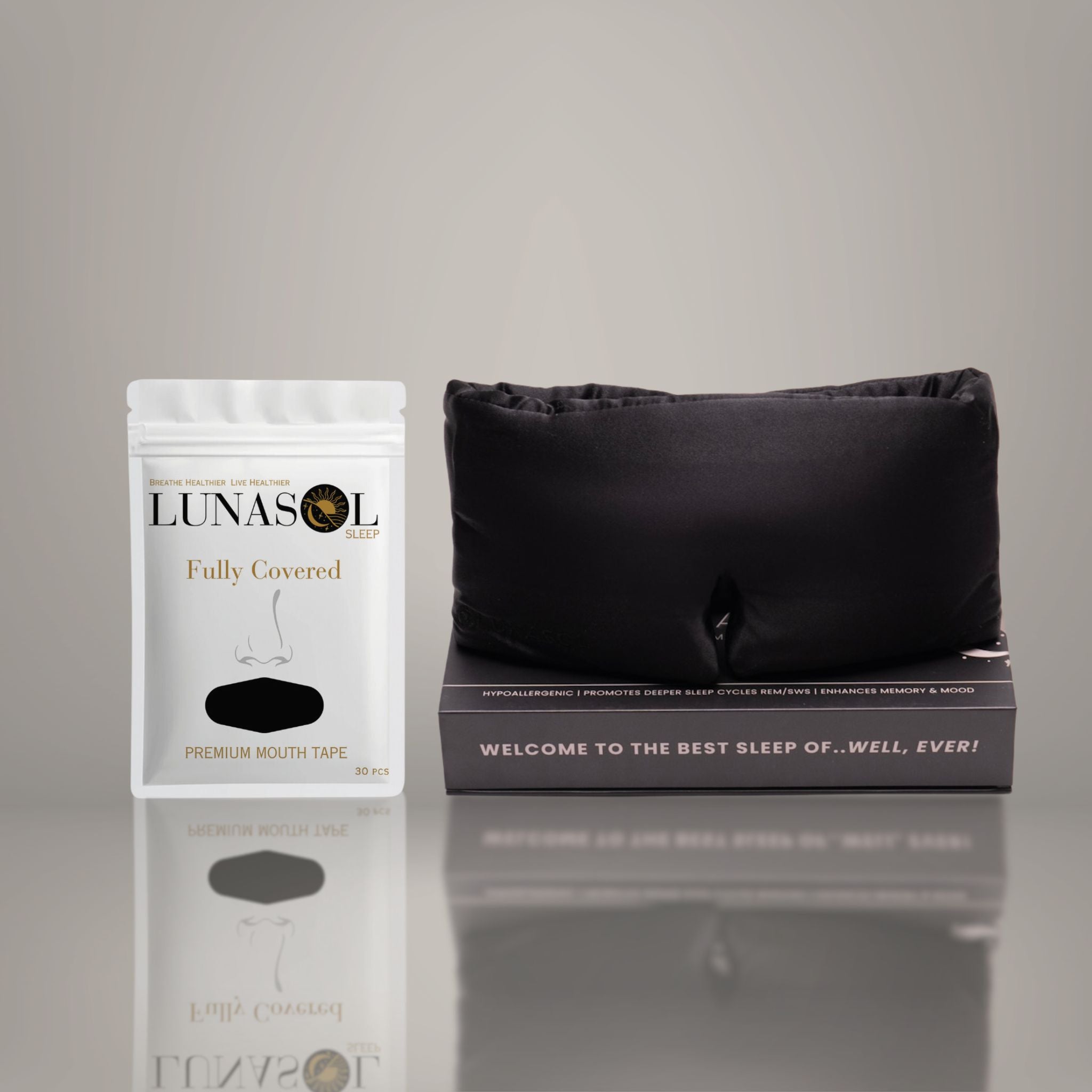 Lunasol Sleep Men’s Sleep Starter Pack featuring a Fully Covered Black Mouth Tape (1-month supply) and an Eternal Abyss Eclipse 3D Sleep Mask, designed to enhance nasal breathing and promote deep, restorative sleep.